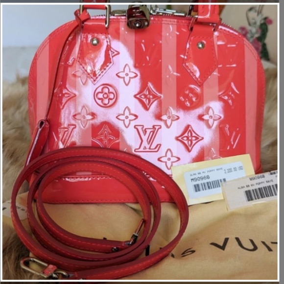 RARE! Louis Vuitton Alma BB  Vernis Poppy Rayures Pomme D'Amour EUC - Picture 2 of 15